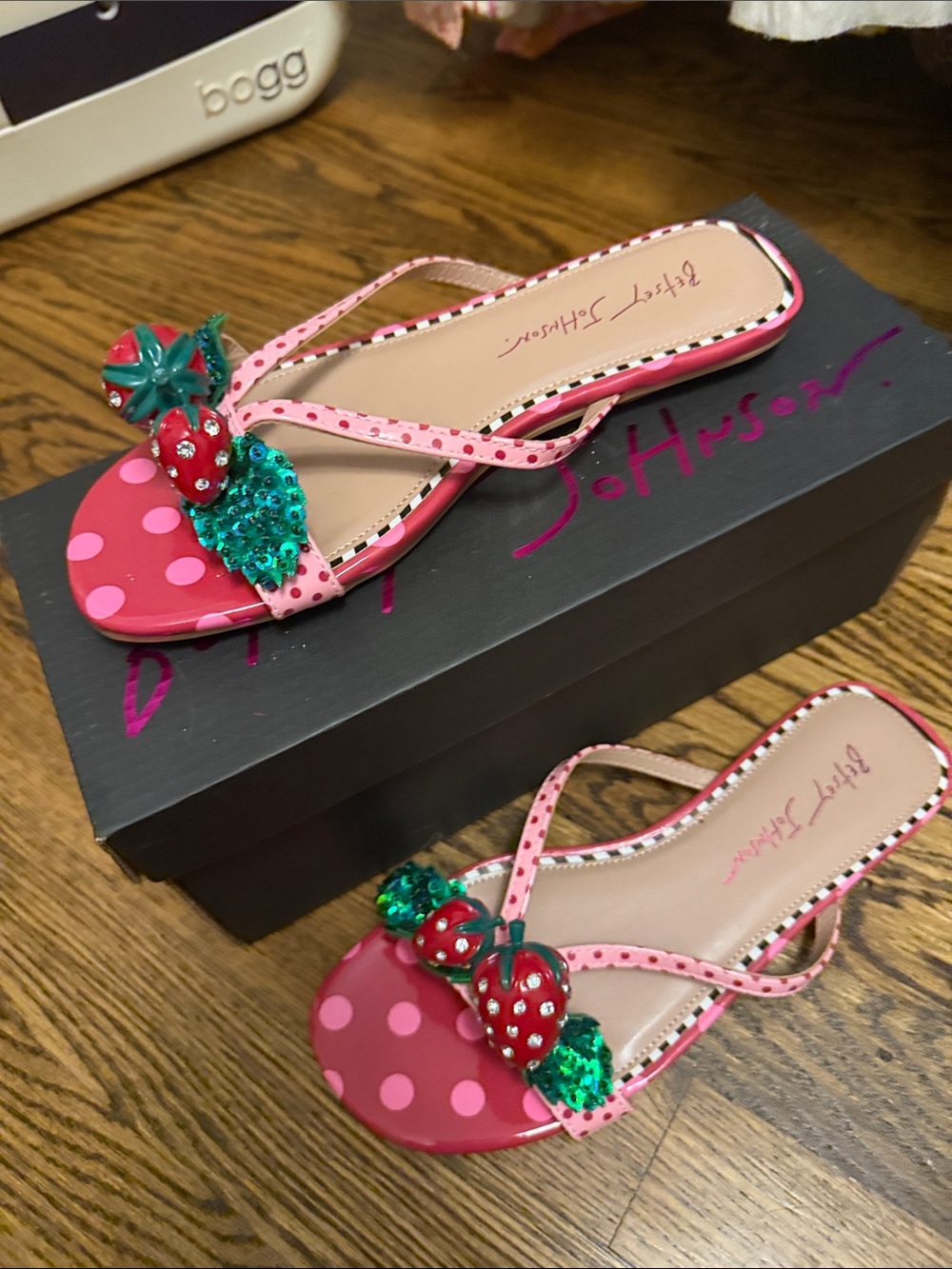 Betsey Johnson Pink Polka Dot Sandals with Red Strawberry Embellishments